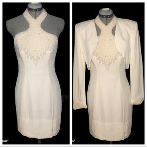 Vintage ivory crepe dress pearl collar / bib coat